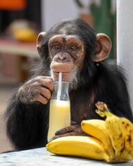 Chimpanzee Enjoying Refreshing Drink Next to Bananas in Bright Setting