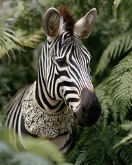 Elegant Zebra in Nature with Decorative Necklace Surrounded by Foliage