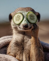 Meerkat with Cucumber Slices Relaxing at Spa Day in Nature