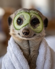 Cute meerkat with cucumber slices relaxing in a white towel