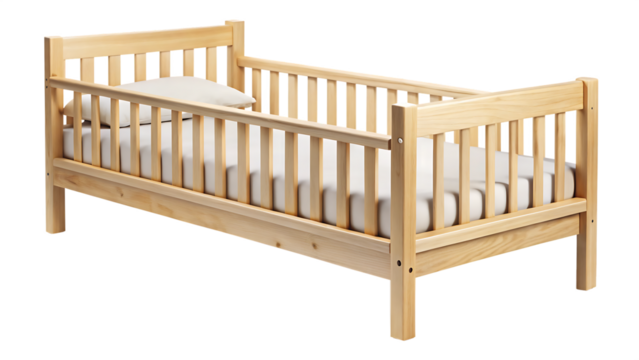 Wooden toddler bed with guard rails isolated on a white background