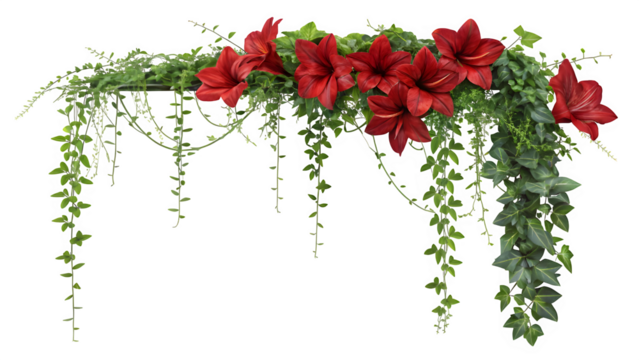 Cascading Floral Arrangement with Deep Red Amaryllis and Lush Greenery