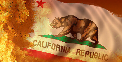 California flag on fire background. Protest concept. 3d illustration