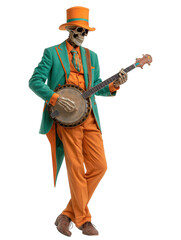 Naklejka premium A skeleton in a colorful suit playing a banjo against a stark black background in a studio setting