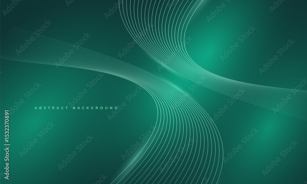 Poster abstract dark green vector background with glowing turquoise wavy lines.