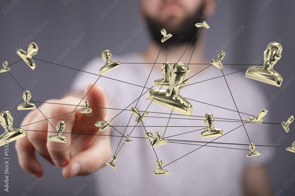 Poster golden figures represent connections in a professional network. illustrates collaboration and teamwo