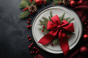 Festive Christmas Table Setting Elegant Red Bow Greenery on White Plate