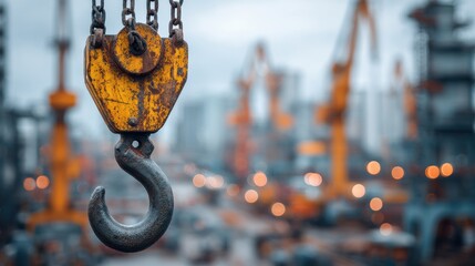 A heavy crane hook hangs in focus while various cranes and construction activities take place in the blurred background. The overcast sky adds a dramatic mood to the urban scene