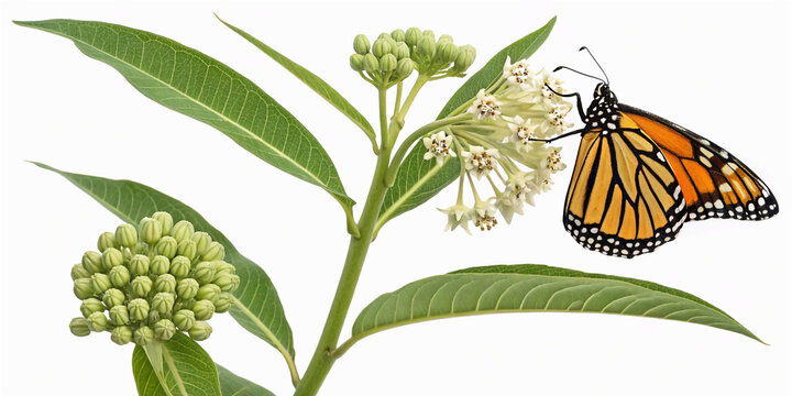 Common milkweed with monarch butterfly, isolated on transparent background for nature-themed projects and educational materials.