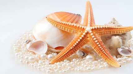 A warm-toned macro image of a rustic orange starfish, large cream-colored pearls, and small spiral seashells, placed organically on clean white sand with negative space in the top half of the image.