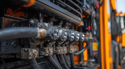 Fototapeta premium Close-up view of hydraulic valves and fittings on heavy machinery at a construction site. The detailed arrangement showcases the complexity of mechanical systems in use
