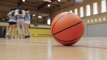 Basketball lies on court as female team celebrates in background - Powered by Adobe