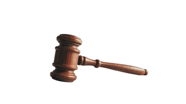 Classic wooden gavel striking the sound block, isolated against a transparent background, embodying themes of law, justice, and auction, ideal for legal and courtroom concepts