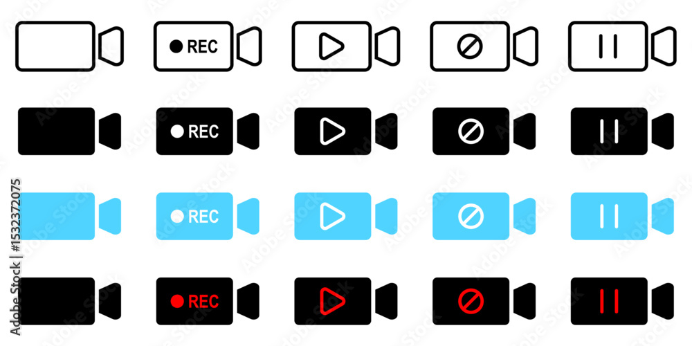 Poster video camera icon set record camcoder film sign symbol pouse play buttons collection online multimed