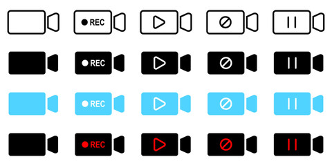 video camera icon set record camcoder film sign symbol pouse play buttons collection online multimedia television app website interface cyberspace