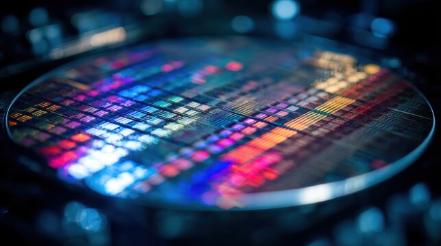 A vibrant semiconductor wafer is placed under specialized lighting, revealing intricate and colorful microchip designs. This setting displays advanced technology used in electronics manufacturing