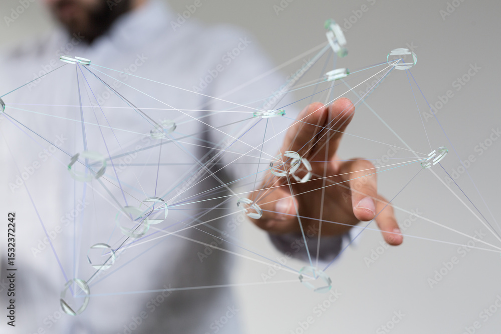 Aufkleber Abstract image of a hand interacting with a complex network, representing global connectivity and data flow.