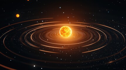 Cosmic Enlightenment: Radiant Star Surrounded by Orbiting Celestial Bodies in a Vast Space Environment