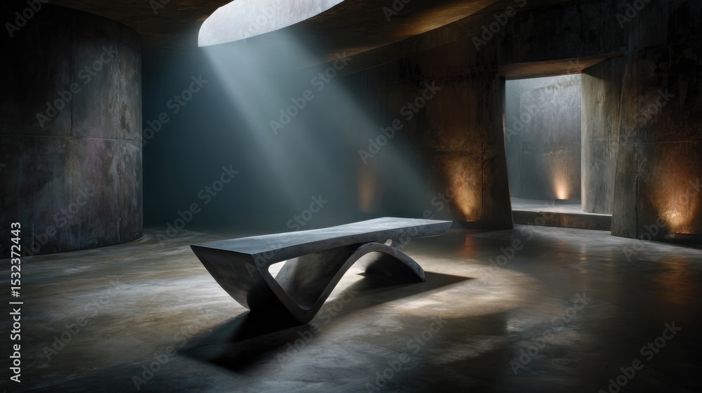 Poster ethereal bench: a modern bench bathed in an otherworldly beam of light, casting dramatic shadows and