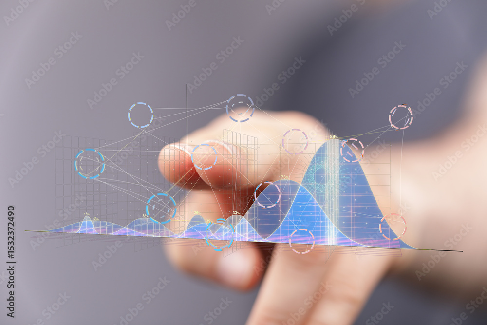 Poster stock photo of a finger interacting with a digital graph showing business growth and data analysis.