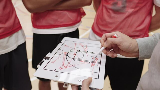 Basketball coach explaining game strategy using whiteboard