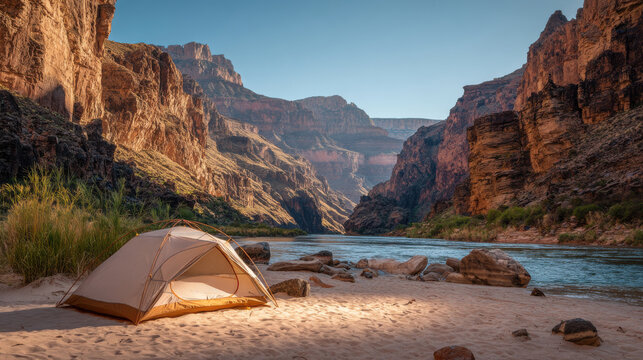A tent is set up on the sandy riverbank of the Grand Canyon, surrounded by towering cliffs. The early morning light casts a warm glow across the landscape, inviting adventure