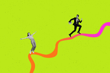 Creative artwork sketch image collage of team young lady stand line balance man run success hold...