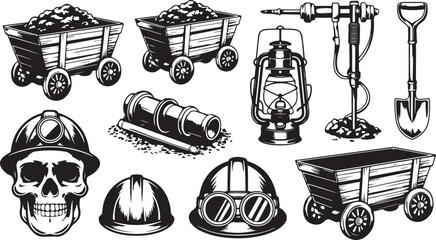 Sturdy Mining Tool Silhouette Ensemble, a Gritty Labor Art Design, Ideal for Coal Mine Decor and Underground Work Illustration