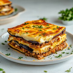 Close up view of a delicious moussaka, a layered eggplant and meat casserole, with a golden brown, cheesy top. Garnished with fresh parsley and served on a light gray plate. 