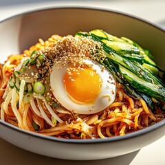 Spicy noodles with soft boiled egg, cucumber, and sesame seeds in a gray bowl. The noodles are reddish orange, indicating a spicy sauce. Bright, natural light illuminates the dish.