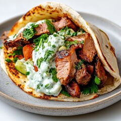 Grilled Meat Pita with Tzatziki and Vegetables