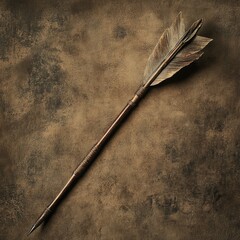 An antique-looking arrow rests on a textured, muted brown surface