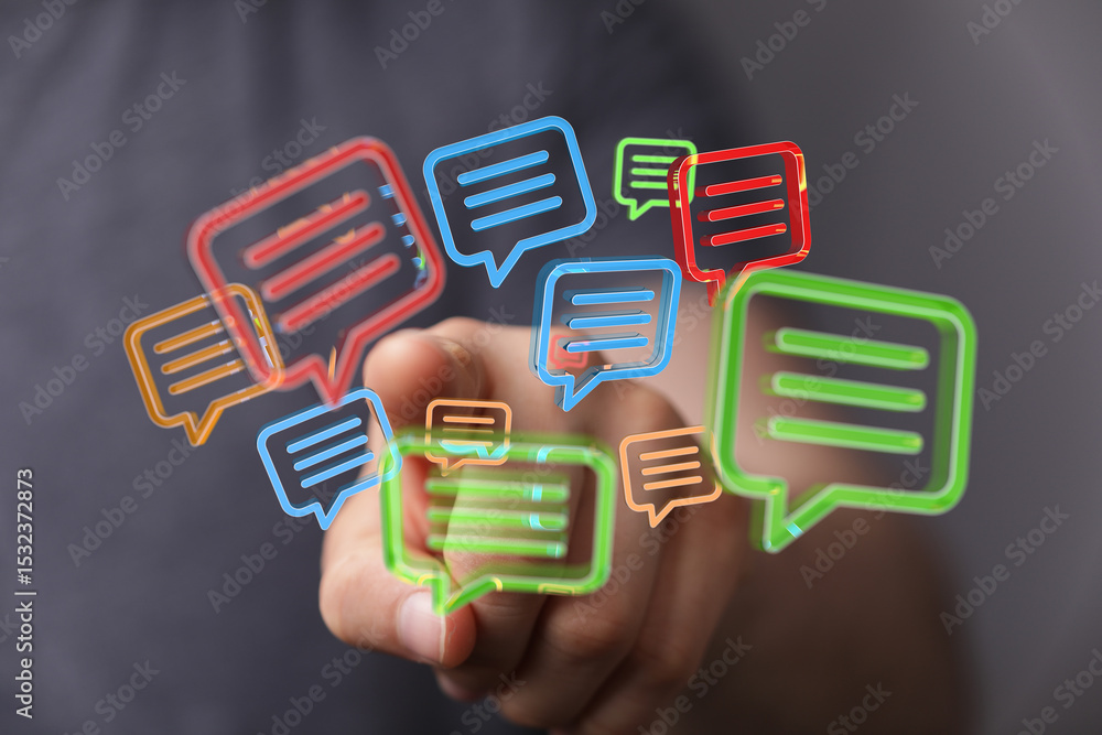 Aufkleber hand interacts with digital chat bubbles, symbolizing communication and online messaging.