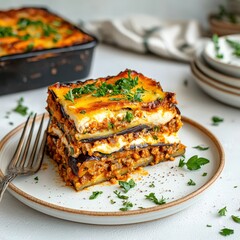 Golden Brown Moussaka with Creamy Sauce and Parsley Garnish