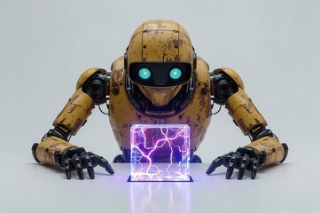 Image of a robot staring at a huge energy source to develop its own use, robot, droid, future robot, ai, energy, energy source, technology, science, healing, treatment, alternative future, work, mecha