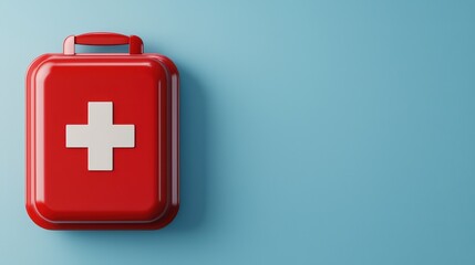 Obraz premium Bright Red First Aid Kit on Light Blue Background for Health and Medical Use