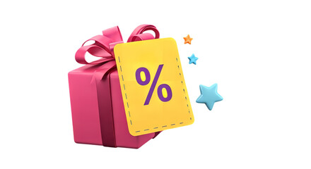 Pink gift box with bow and yellow percentage tag surrounded by stars on a black background