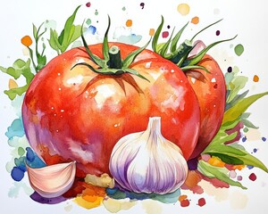 Watercolor Painting of Two Red Tomatoes and Garlic Cloves
