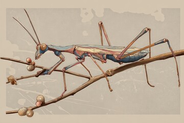 Detailed illustration of a stick insect on a branch, muted earth tones