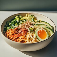 Vibrant Noodle Bowl with Egg and Cucumbers in Sunlight