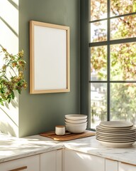 Bright White Kitchen Corner with Blank Canvas and Sunlight
