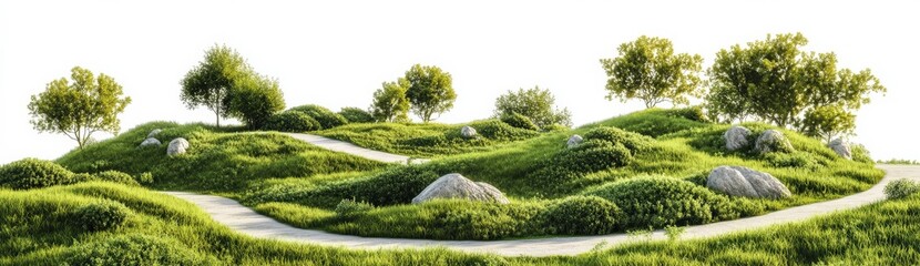 Lush Green Landscape with Winding Paths and Small Trees
