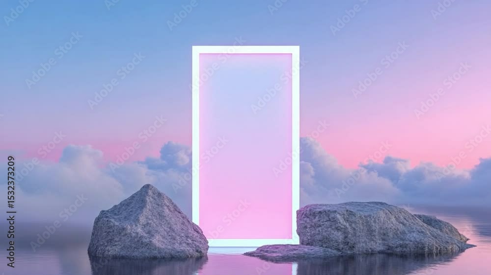Aufkleber Mystical Portal in Serene Landscape: A captivating scene of an illuminated rectangular portal standing amidst tranquil water, flanked by textured rocks, and set against a pastel-colored sky.
