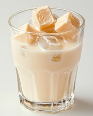 Close up of a refreshing beverage in a glass. Creamy pale yellow liquid is filled with ice cubes and several square pieces of white confectionery.  The glass is clear and shows vertical ridges.