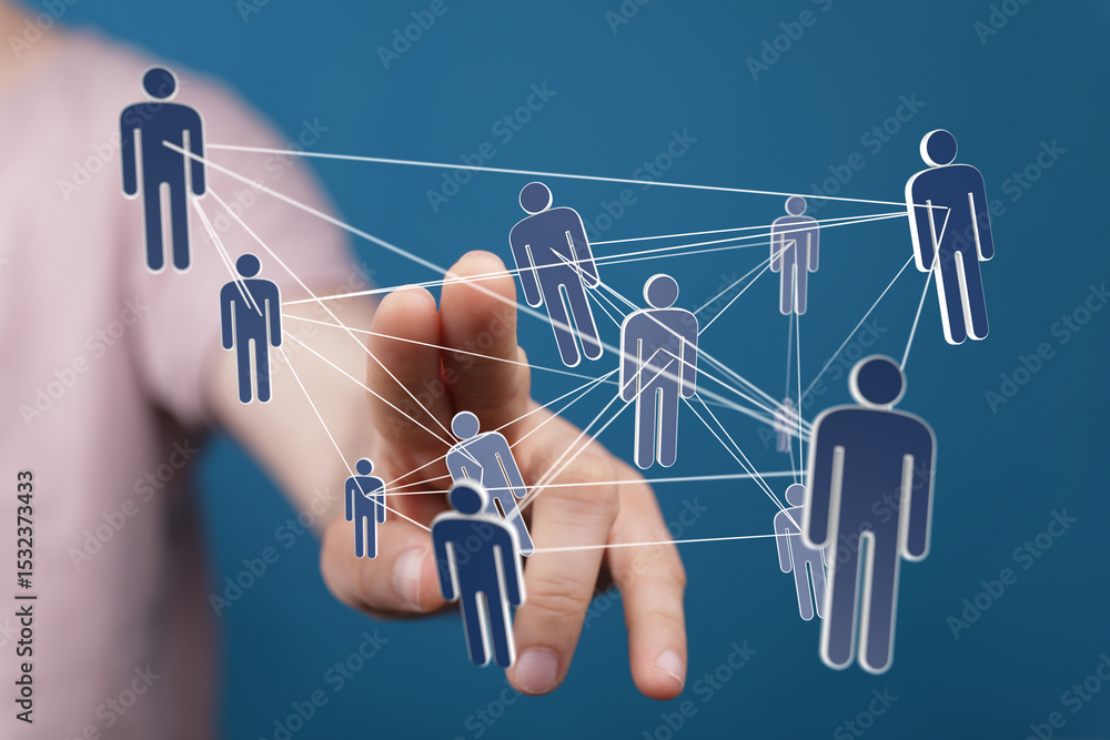 Aufkleber Image of a hand interacting with a network of interconnected people, symbolizing global connection and teamwork.