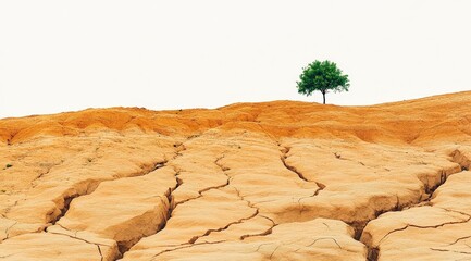 Single green tree stands on a cracked, dry, light brown earth against a white background. The earth shows significant drought and aridity. The image evokes feelings of fragility and resilience.