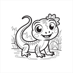 Cartoon Lizard Line Art Vector Illustration,Simple Lizard Outline Drawing for Kids,Hand Drawn Lizard Vector in Black and White,Cute Reptile Line Art for Coloring Books,Lizard Animal Outline Clipart
