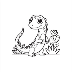 Cartoon Lizard Line Art Vector Illustration,Simple Lizard Outline Drawing for Kids,Hand Drawn Lizard Vector in Black and White,Cute Reptile Line Art for Coloring Books,Lizard Animal Outline Clipart