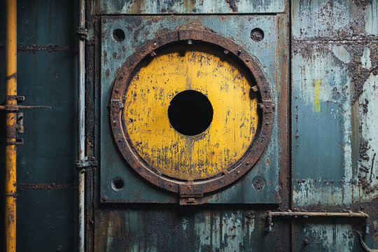 Rusted metal panel with yellow circular hatch industrial background texture