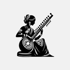 Classical Indian sitarist vector emblem showcasing cultural musician with flowing hand movements and authentic instrument details